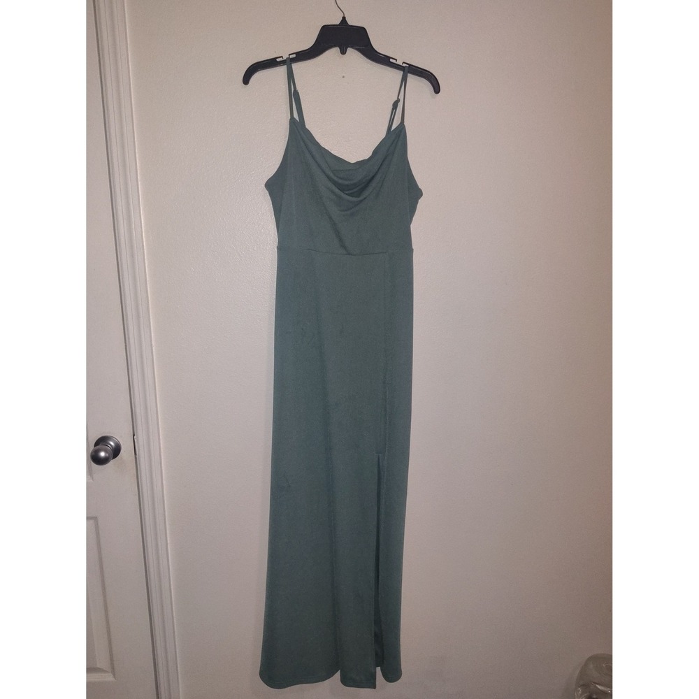 Birdy Grey Sage Green Cowl Neck Maxi‎ Bridesmaid Dress Large Slit Formal